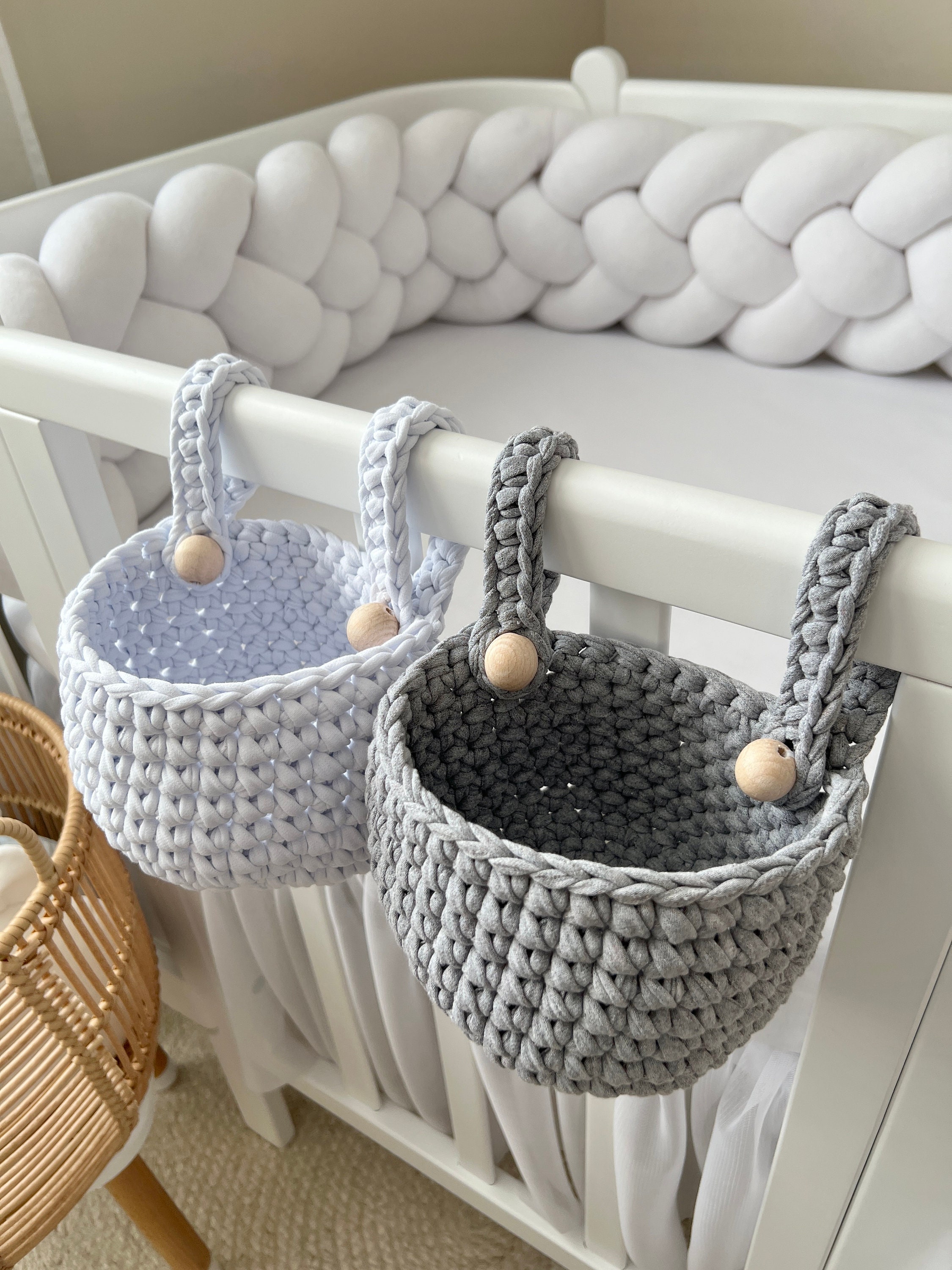 Petit Panier Suspendu Corde Coton Inwagui - Panier Rangement Bureau Salle De Bain Cuisine Chambre Bébé Blanc/Gris