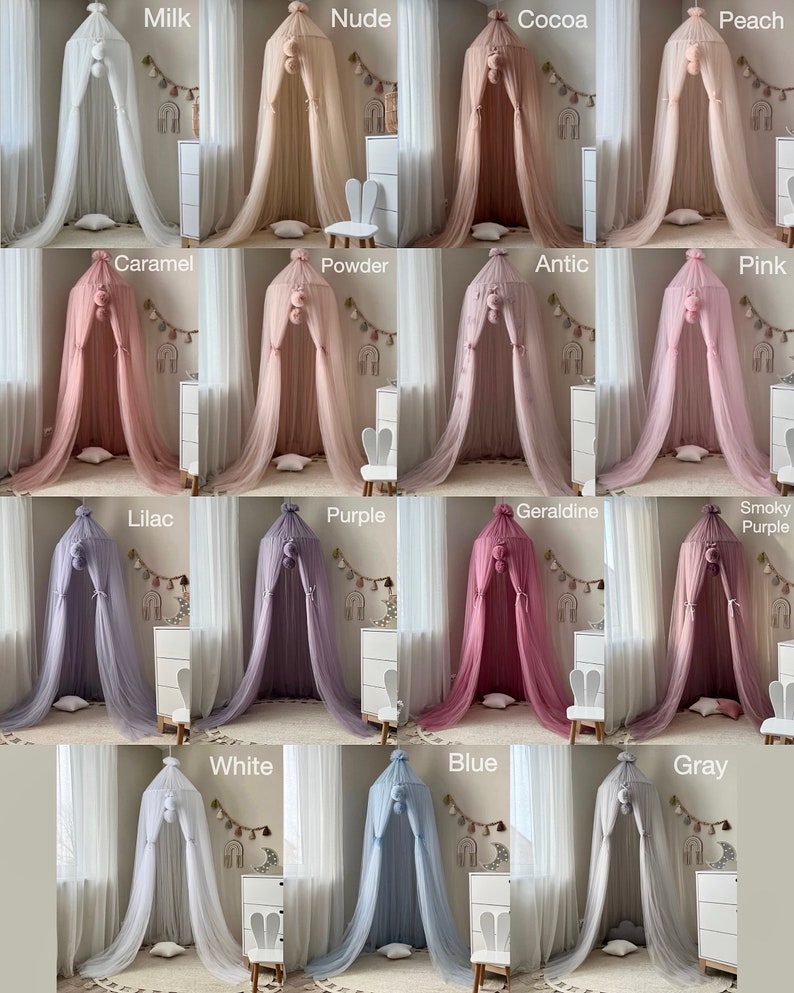 May include: A collection of 15 different colored tulle canopy beds with pom poms on top. The canopies are arranged in three rows of five. The colors are: Milk, Nude, Cocoa, Peach, Caramel, Powder, Antic, Pink, Lilac, Purple, Geraldine, Smoky Purple, White, Blue, and Gray.