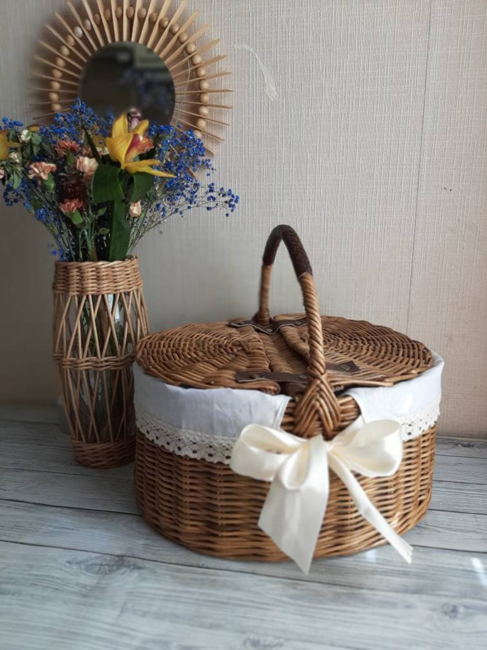 Large picnic basket Oval wicker basket with lids Tall storage Etsy