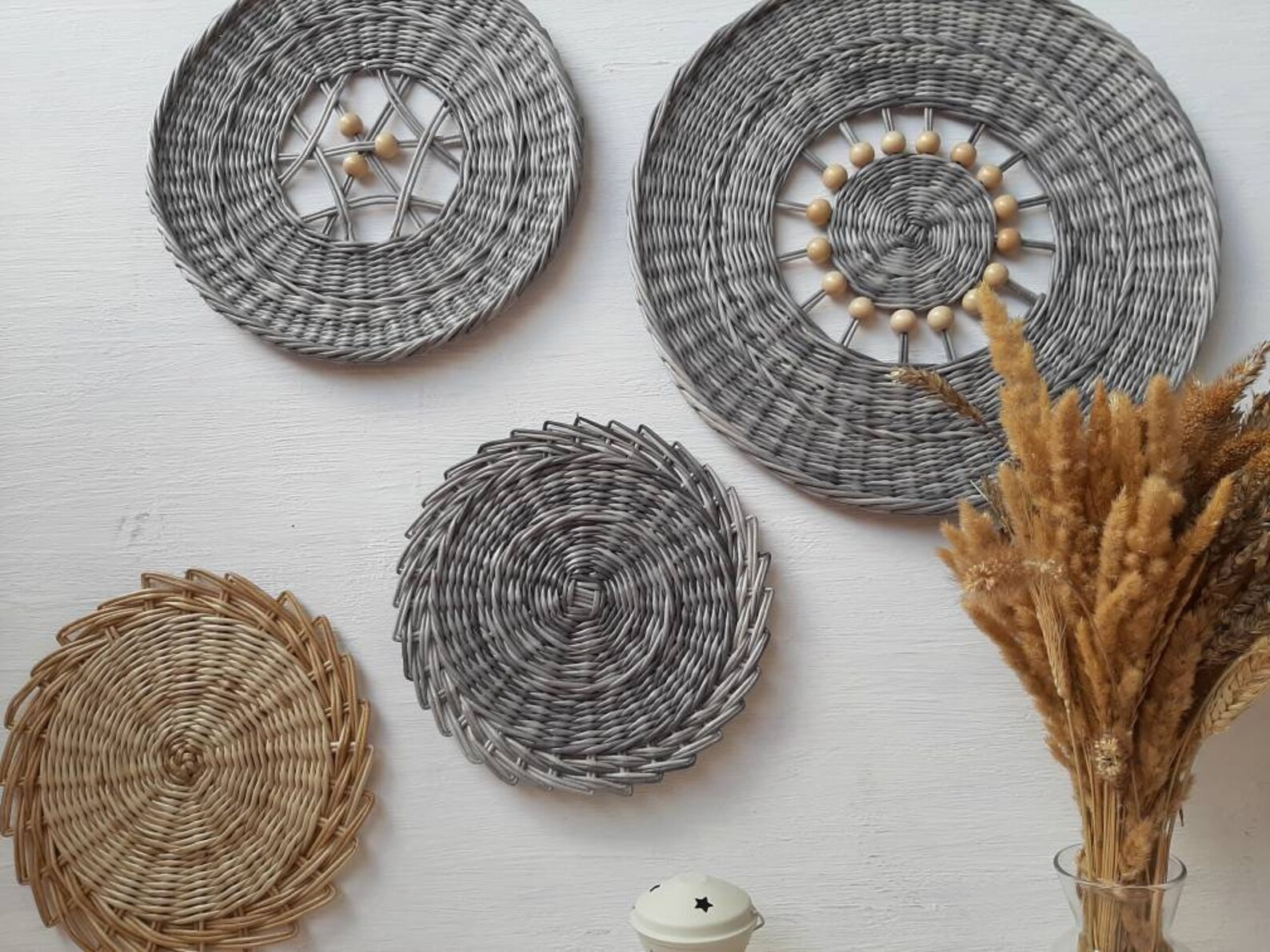 Boho Style 4 Piece Gray Wicker Wall Plates Set Hanging wall Etsy