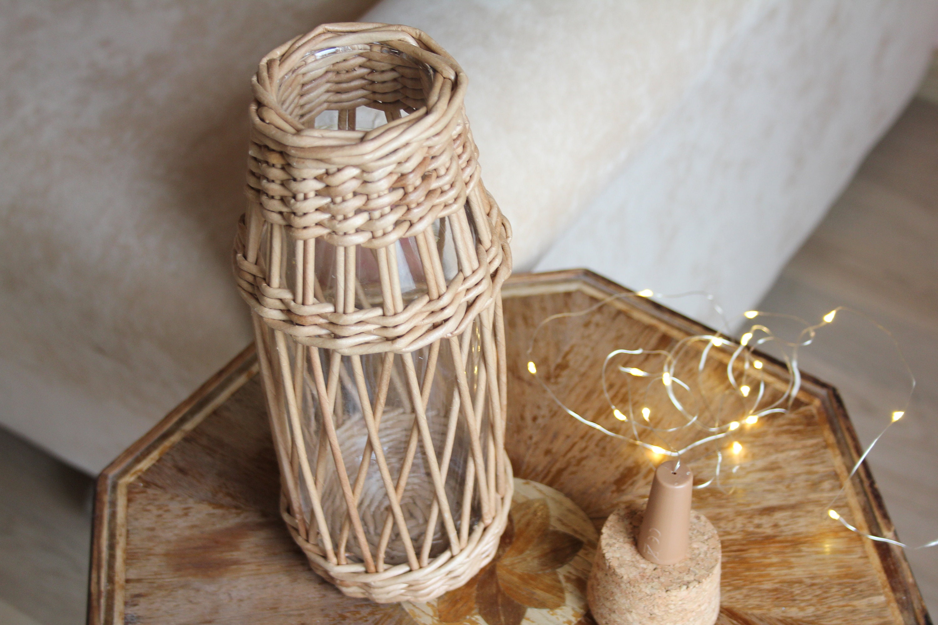 Woven vase LED cork Wicker glass vase Glass bottle vase Etsy