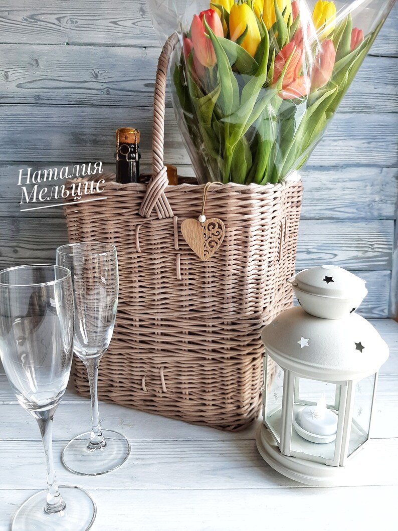 Wine Wicker Basket Bottle Stand Picnic Basket Boho wicker Etsy