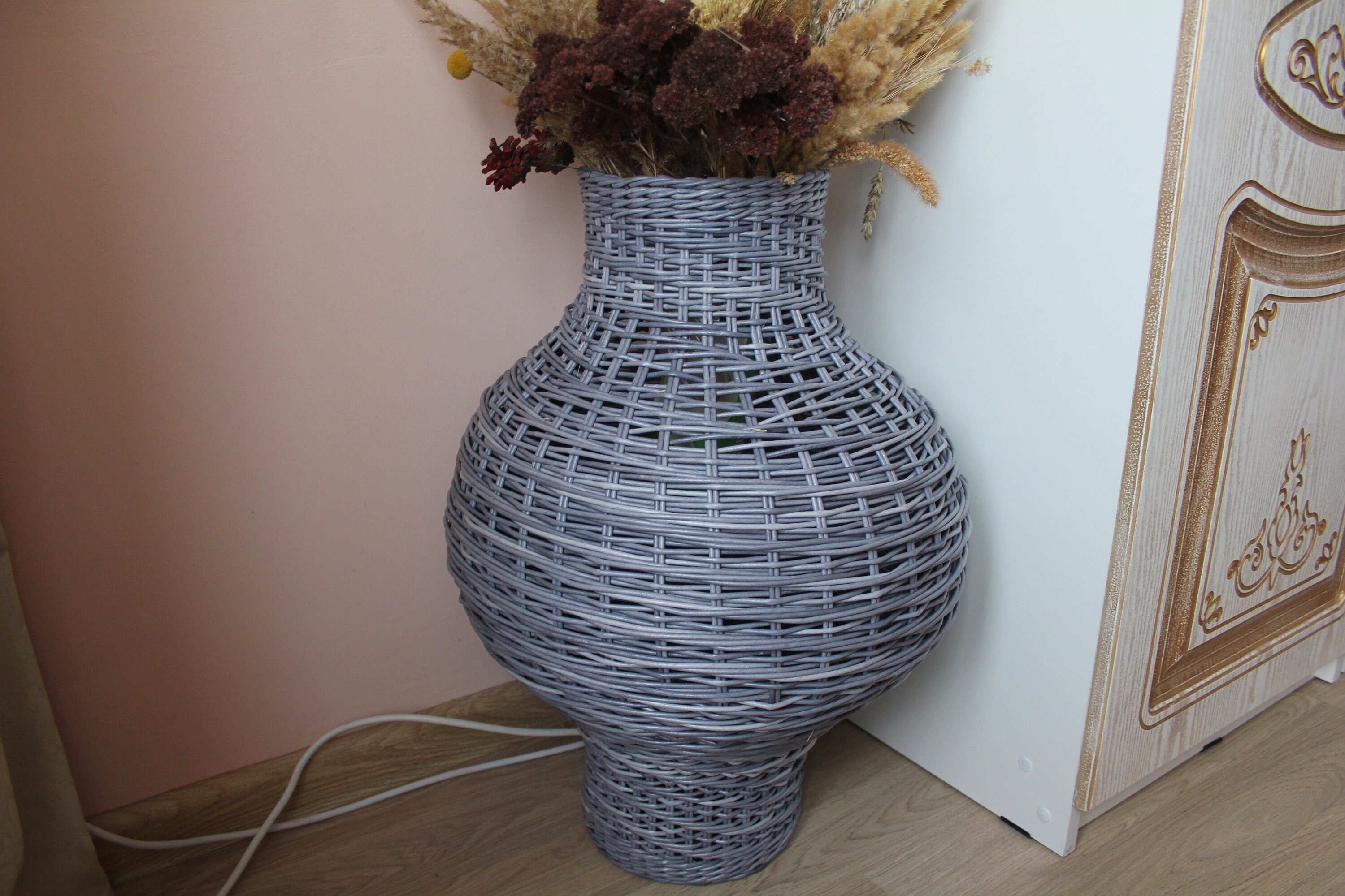 Tall gray wicker vase Boho floor vase High woven floor vase Etsy