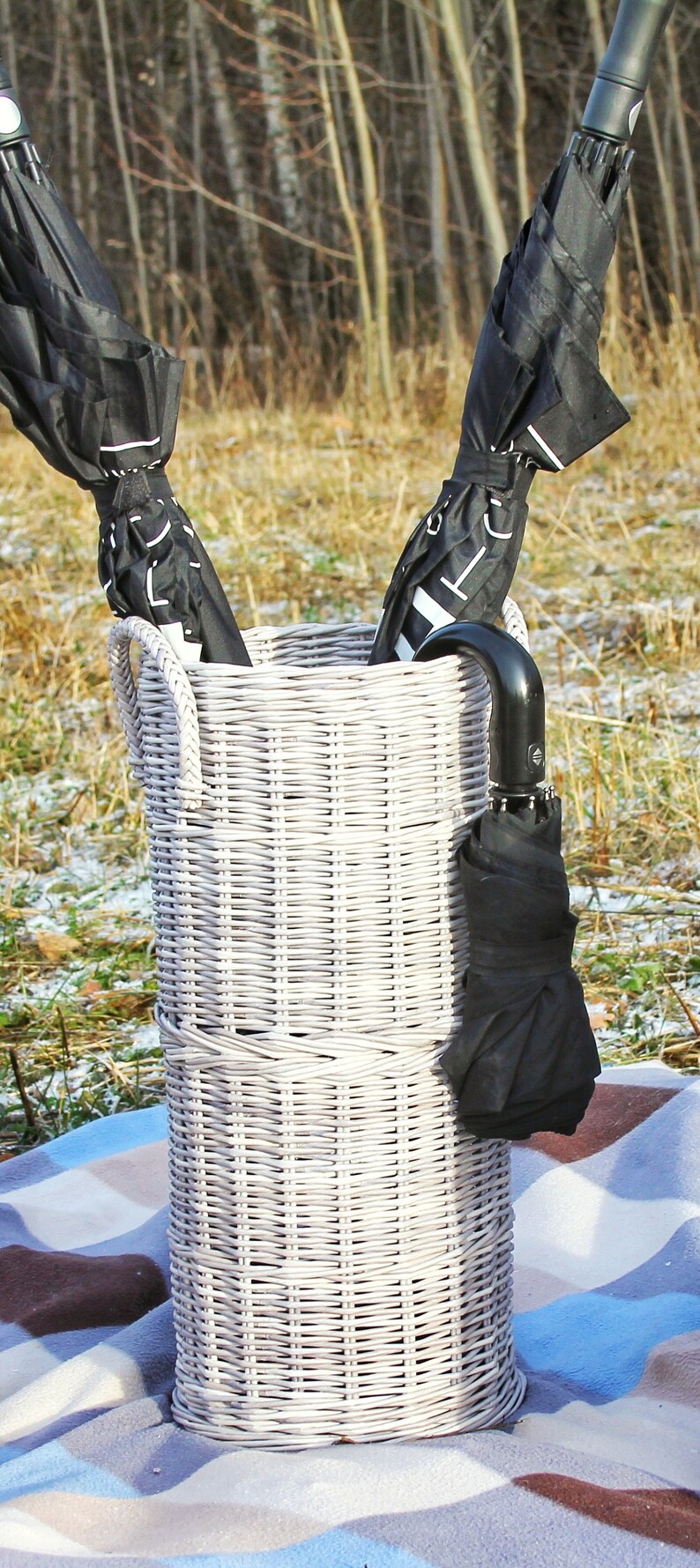 Tall grey wicker umbrella basket Rustic umbrella basket Wicker Etsy