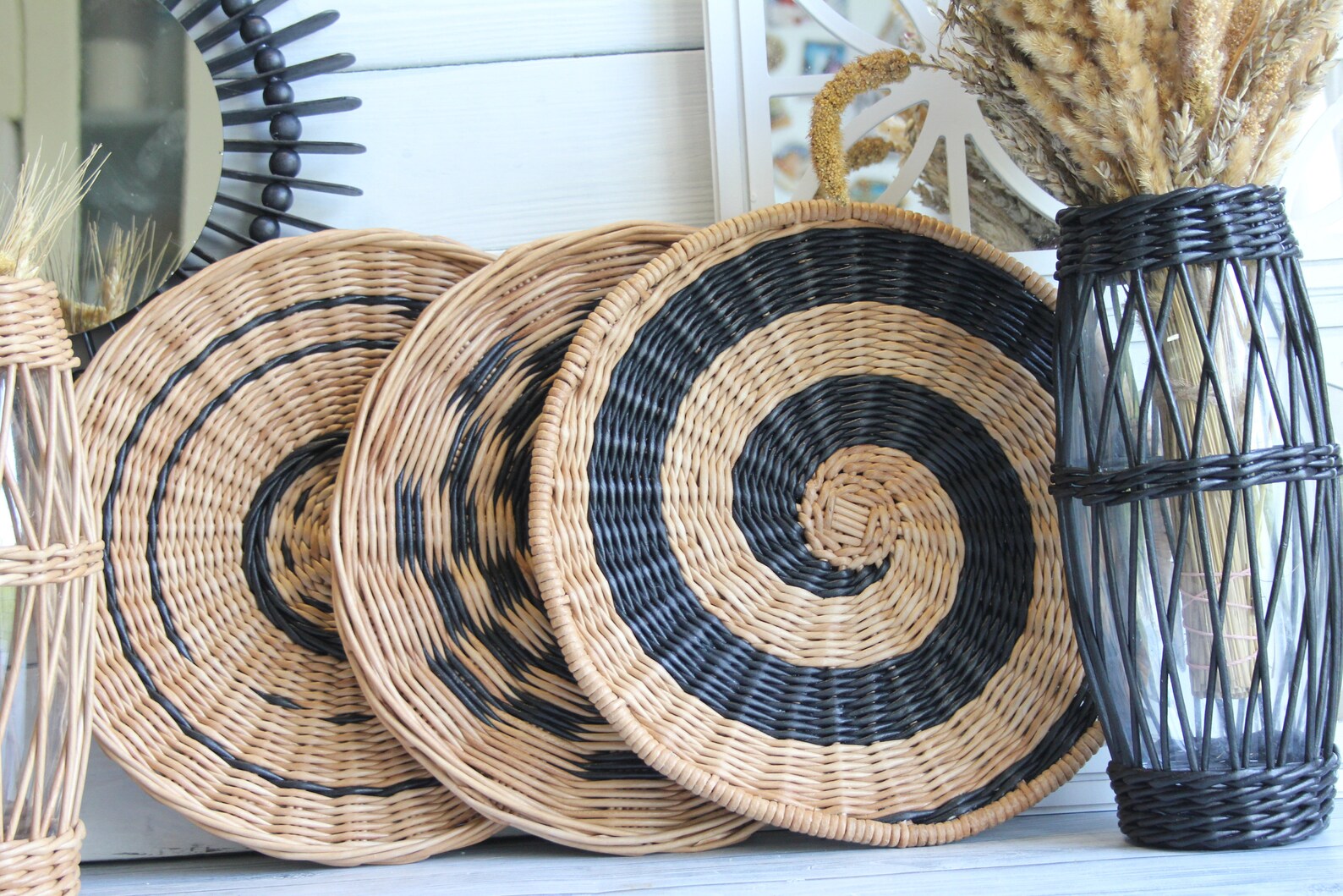 Set of 3 wall hanging basket Black woven basket Boho wall Etsy