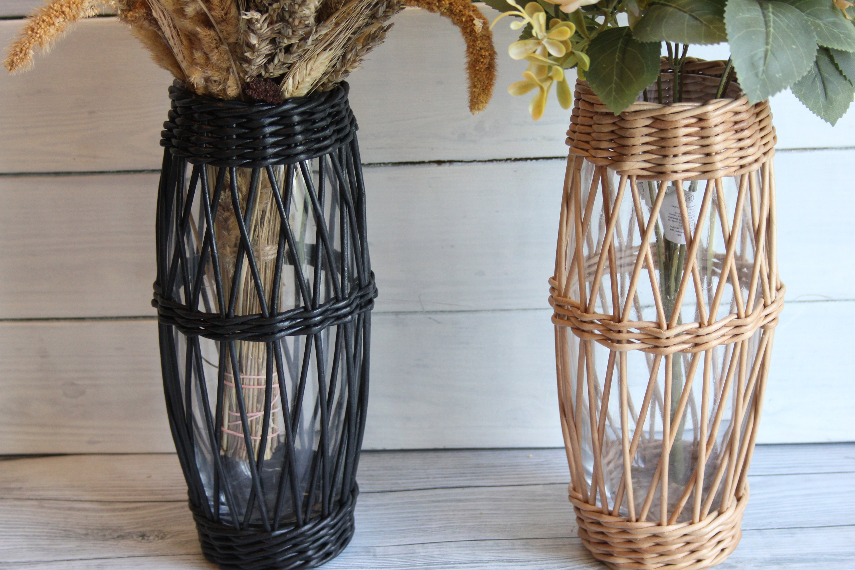 Glass black vase with wicker Glass bottle vase House warming Etsy