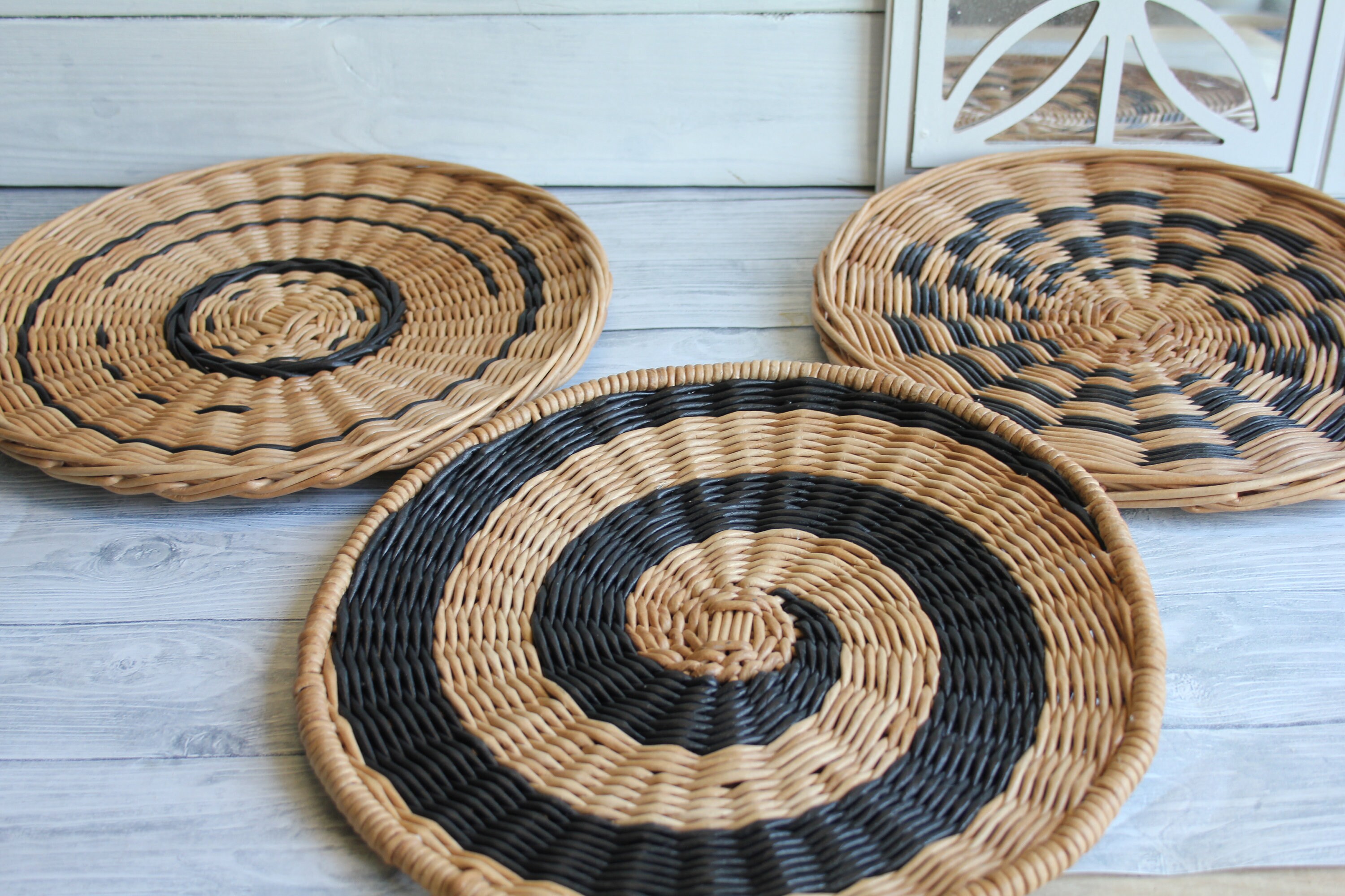 Set of 3 wall hanging basket Black woven basket Boho wall