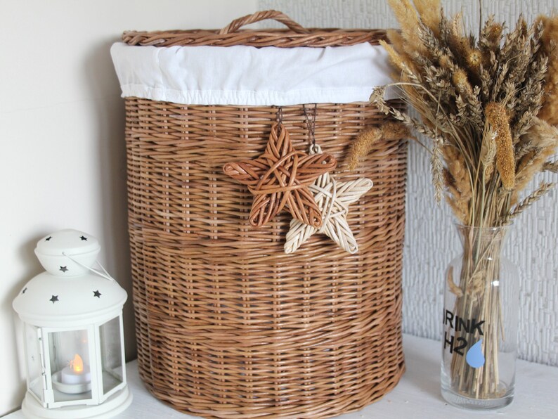 Large round brown wicker laundry basket with Lid Tall Baby Toy | Etsy