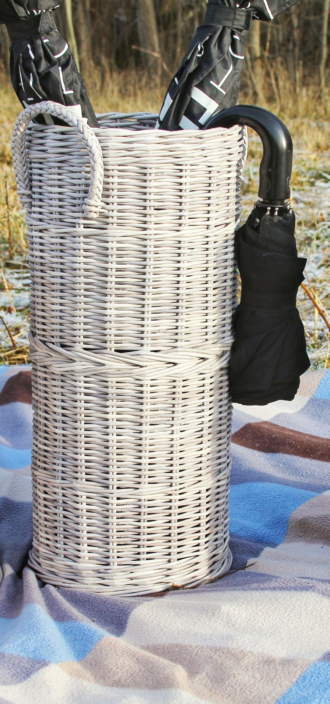 Tall grey wicker umbrella basket Rustic umbrella basket Wicker Etsy