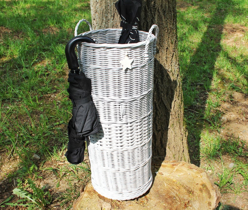 Tall grey wicker umbrella basket Rustic umbrella basket Wicker Etsy