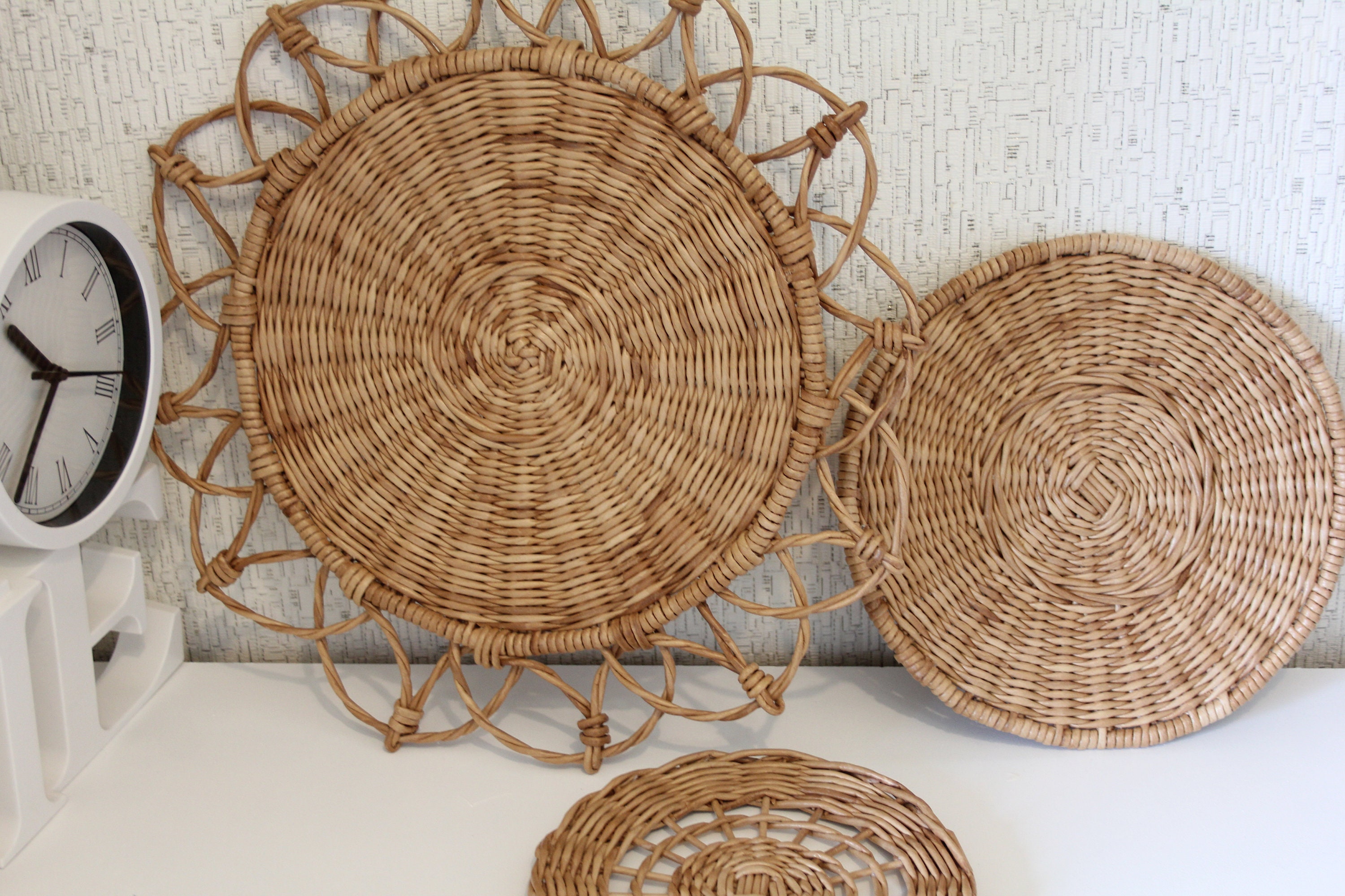Wicker wall hanging round baskets set of 3 Boho baskets Etsy