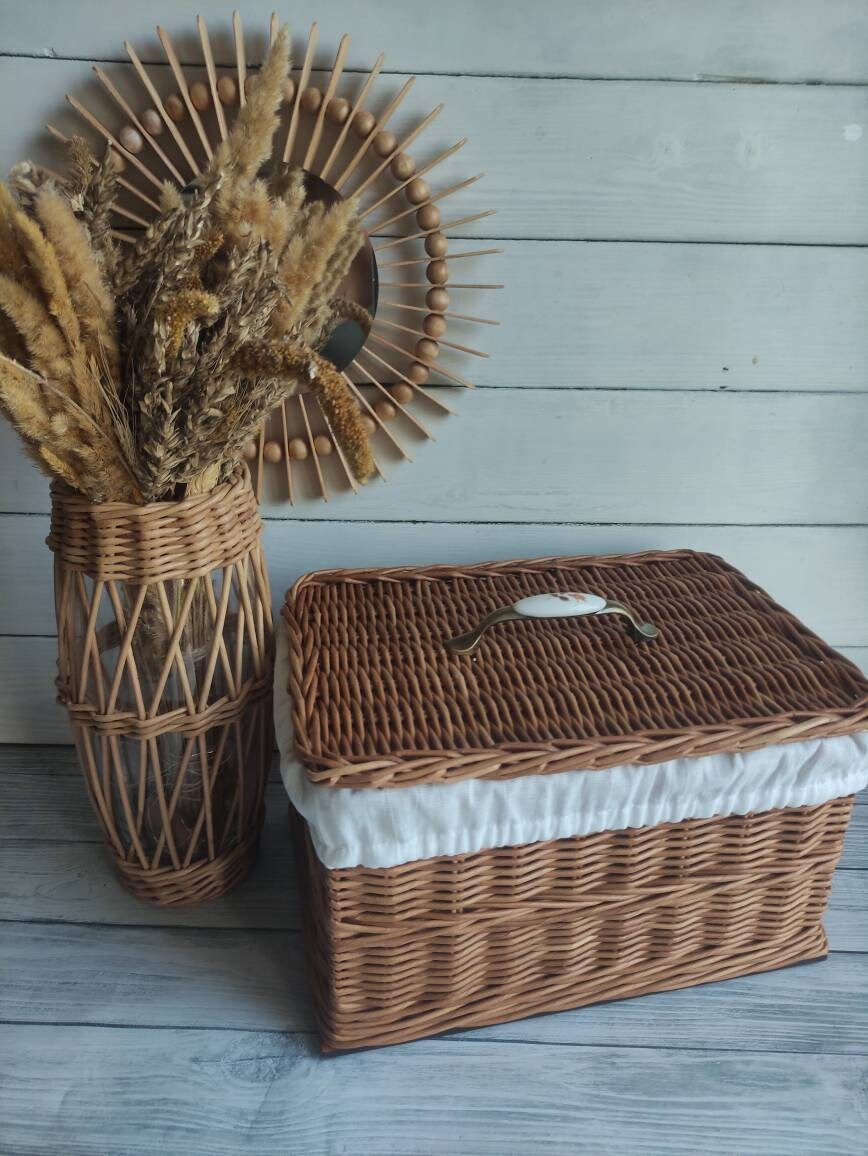 Wicker bread bin wooden Tall bread box Rectangular storage Etsy