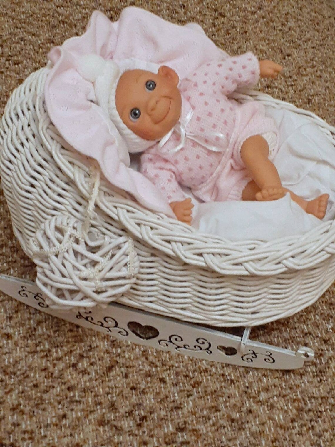 Wicker Doll Cradle rocking chair Carrycot with pink Etsy