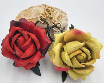 Handmade Leather Rose Bag Charm: Realistic Anniversary Keychain