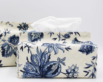 Handmade Rectangular Tissue Box Cover: Blue Chinoiserie Floral Cotton