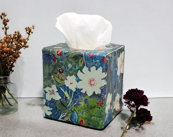 Handmade Floral Leather Tissue Box Cover: Square Wooden Holder