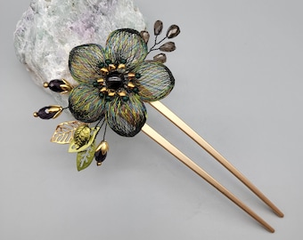 Forchetta per capelli con fiori 3D fatta a mano: quarzo fumé, cristalli e perline di vetro