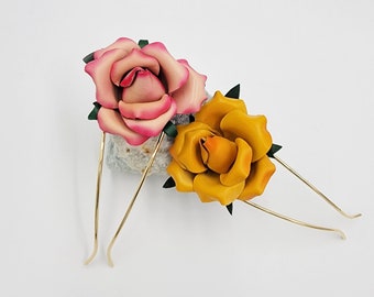 Handmade genuine leather rose hair pin, hand painted real leather flower hair fork