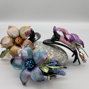 Handmade 3D Metal Flower Hair Clip: Beaded Embroidered Alligator Claw