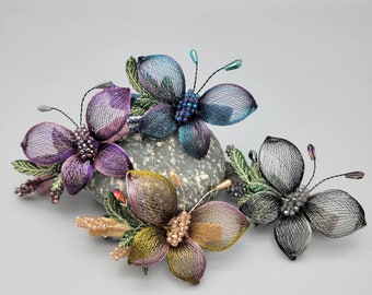 Exquisite handmade 3D butterfly with hand beaded body and embroidered leaves hairclip barrettes