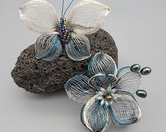 Exclusive! Hand made fine copper wire 3D flower butterfly brooches with genuine pearl