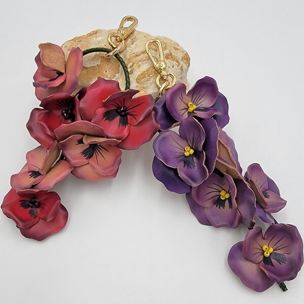 handmade realistic leather pansy flowers bag charm, key chain