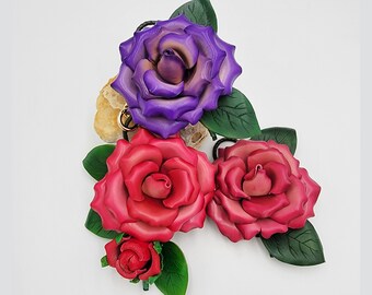 Handmade Veg Tan Leather Rose Bag Charm: Realistic Flower Key Chain