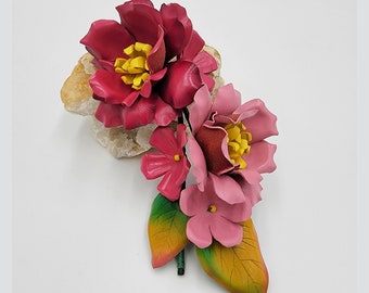 Handmade Leather Peony Bag Charm: Realistic Floral Purse Keychain