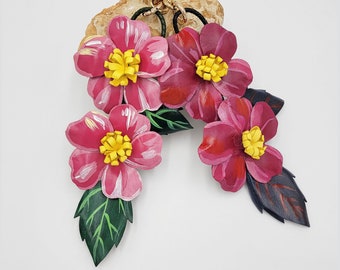 whimsical real leather hibiscus flower bag charm, hand painted, key chain, purse charm