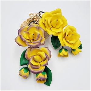 handmade ultra realistic yellow leather flower, rose gardenia bag charm, key chain