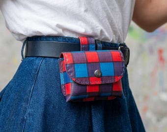 Handmade Leather red and blue checkered Belt Pouch, for earbuds, keys and EDC