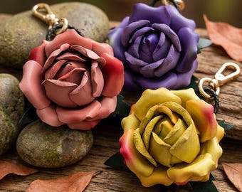 Handmade Leather Rose Bag Charm: Realistic Anniversary Keychain