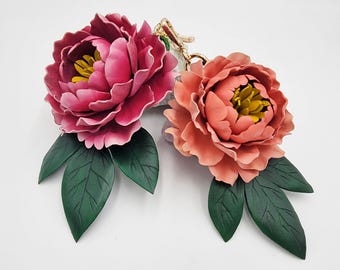 Handmade Leather Peony Bag Charm: Hand-Painted Floral Keychain