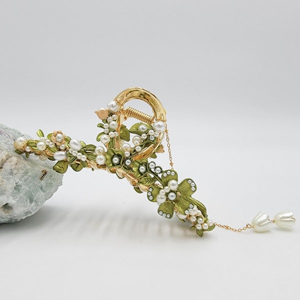 handmade large metal claw clip, hand beaded with faux pearls, bell flowers and ginkgo leaf , jaw clip with chains