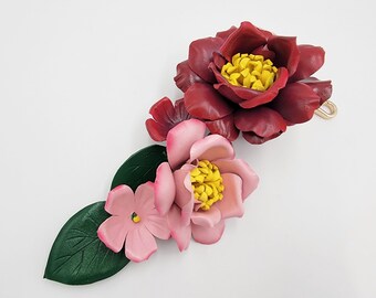Handmade Leather Flower Bag Charm: Rock's Peony Purse Charm red and pink