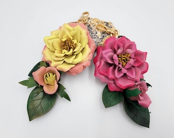 Handmade Leather English Rose Bag Charm: Hand-Painted Purse Charm