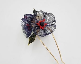 Handmade Blue Copper Wire Poppy Hair Fork with Coral & Onyx