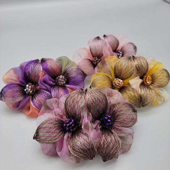 Handmade 3D Flower Hair Clip: Beaded Brass & Organza Fabric  display picture 3