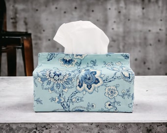 handmade rectangular tissue box cover with full lining, made with premium designer cotton fabric, chinoiserie farmhouse blue floral print