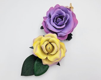 Handmade large Leather Tea Rose Bag Charm: Realistic Purple Rose Keychain