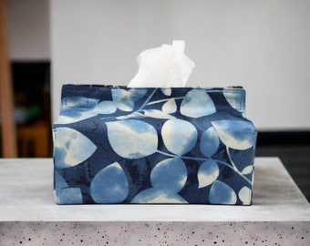 Handmade Indigo Leaf Print Tissue Box Cover: Designer Cotton