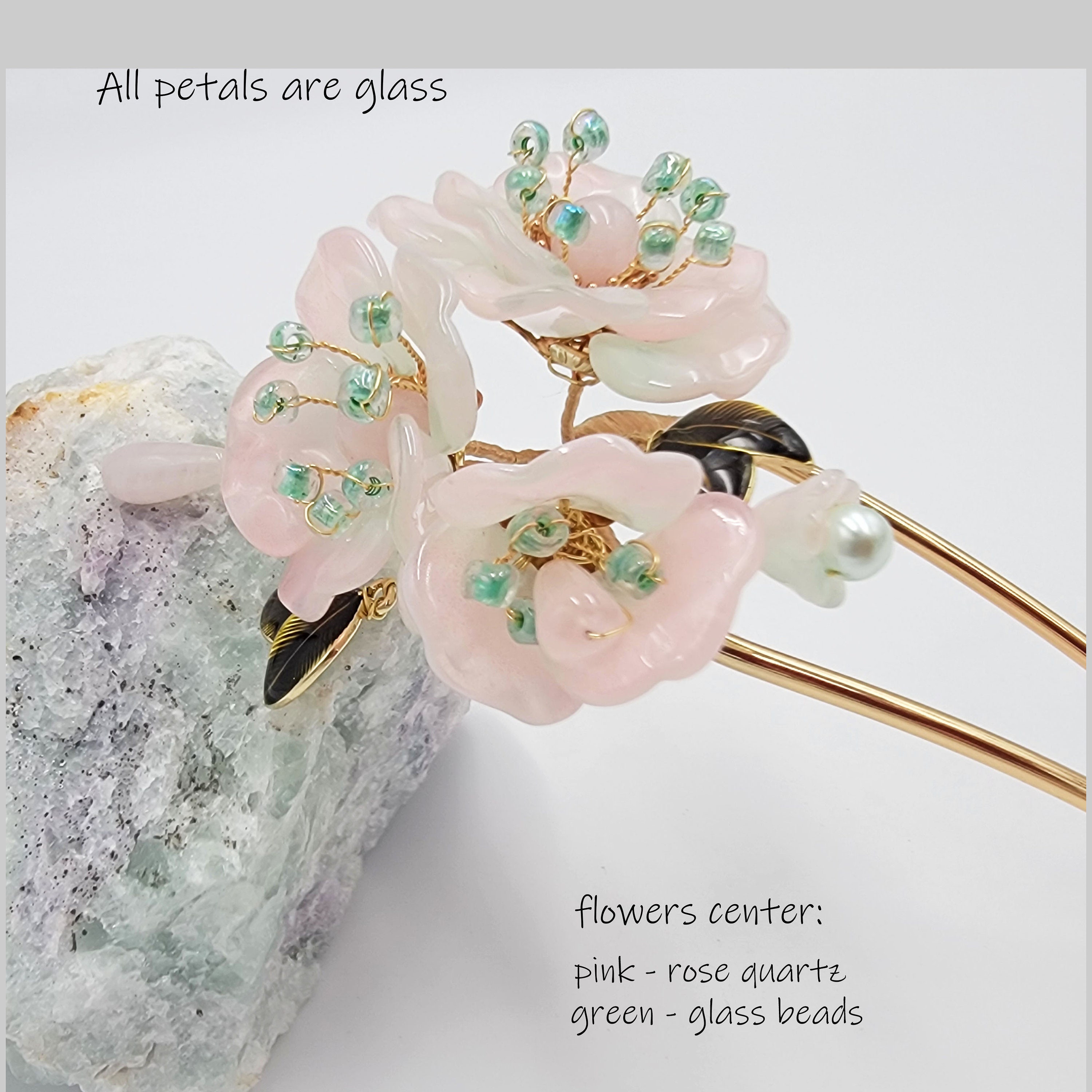 Handmade Glass Flower Hair Pin, Hand Beaded With Rose Quartz 