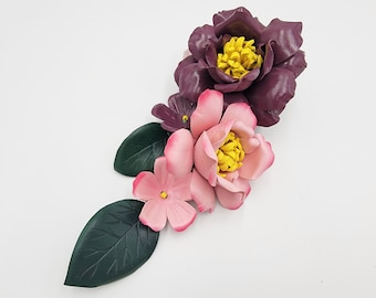 Handmade Leather Flower Bag Charm: Rock's Peony Purse Charm burgundy and pink