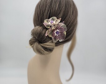Handmade Copper Wire Flower Hair Fork: Amethyst & Pearl Hair Slide