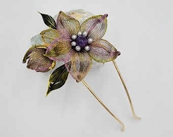 Handmade Copper Wire Flower Hair Fork: Amethyst & Pearl Hair Slide