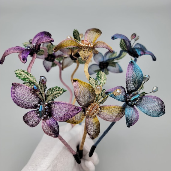 Handmade Cottagecore 3D Embroidered Butterfly Floral Lace Headband Handmade 3D Butterfly Headband: Embroidered & Beaded Hair  main image 3