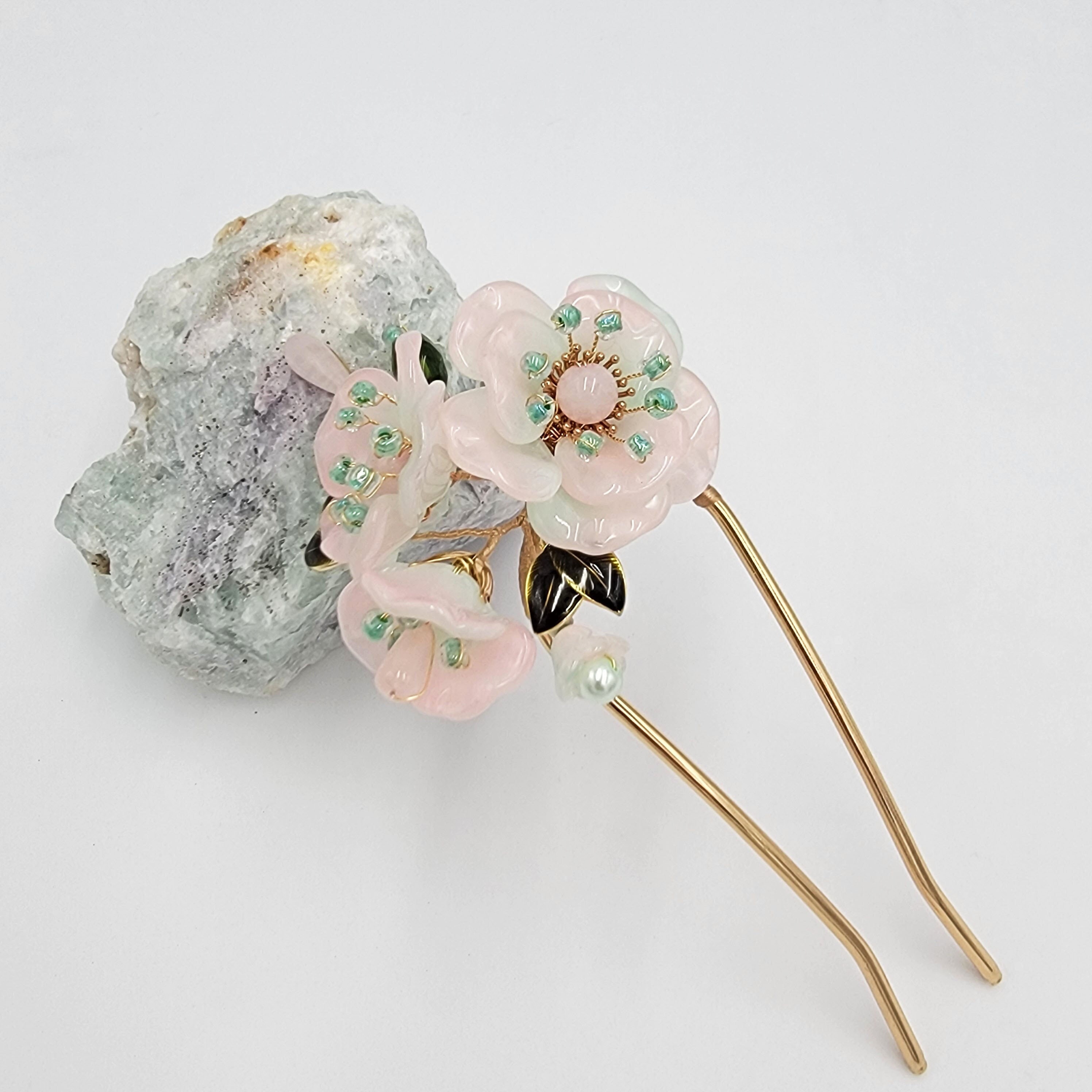 Ceramic Roses Beads And Glass Crystal Hair Pin Clip Petite Crystal Bridal Hair Clip of Brushed Metal Flowers  main image 3