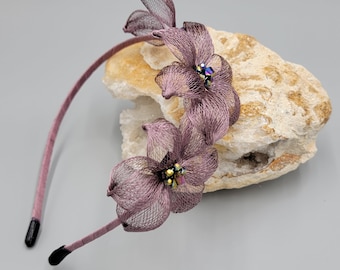 Exquisite handmade 3D rose pink flowers headband with hand beaded stamens
