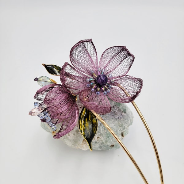 Handmade  rose pink copper wire flower extra large hair pin, hair fork,  hair slide, handmade with amethyst and crystal