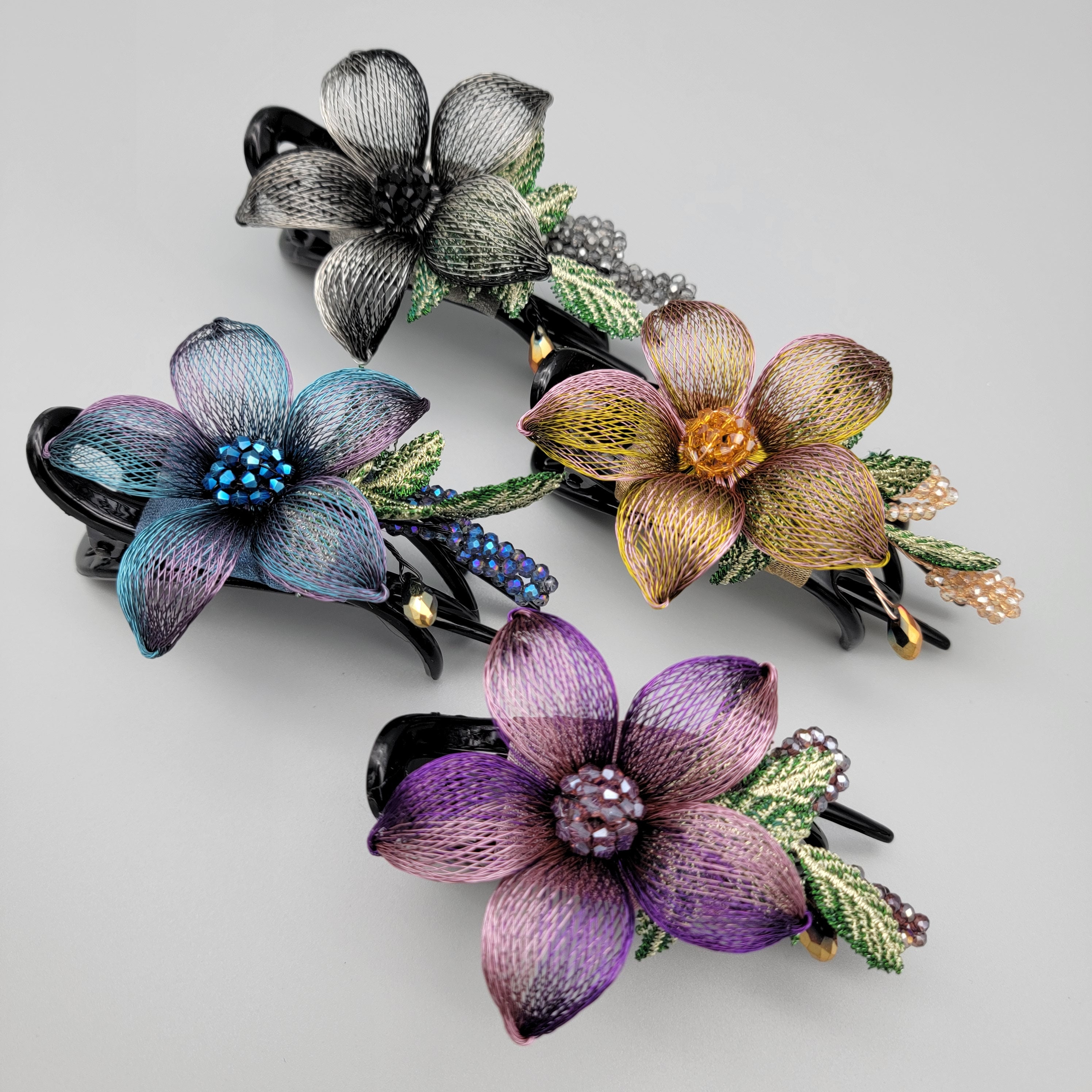 Handmade 3D Metal Flower Hair Clip: Beaded Embroidered 